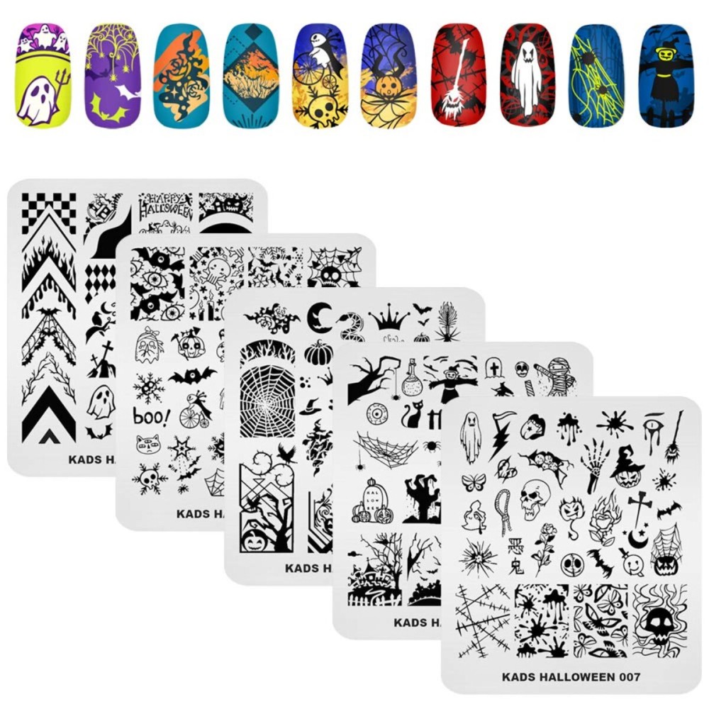 KADS 5pcs Nail Stamp Plates Set Halloween Nails Art Stamping Plate Thrill Pattern Bat Spider Skeleton Pumpkin Lantern Witch