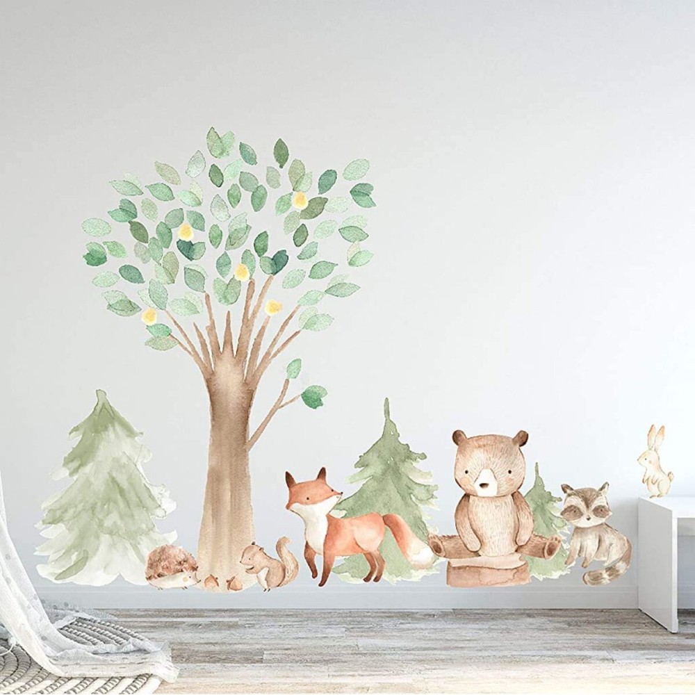 InnovativeStencils Woodland Watercolor Wall Decal Oak Pine Tree Animal Creatures - Bear, Fox, Raccoon, Rabbit, Squirrel, Porcupine Fabric Nursery Decals 3061 (60 Tall Tree (Including Leaves))