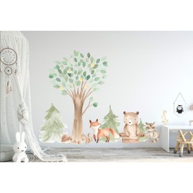 InnovativeStencils Woodland Watercolor Wall Decal Oak Pine Tree Animal Creatures - Bear, Fox, Raccoon, Rabbit, Squirrel, Porcupine Fabric Nursery Decals 3061 (60 Tall Tree (Including Leaves))