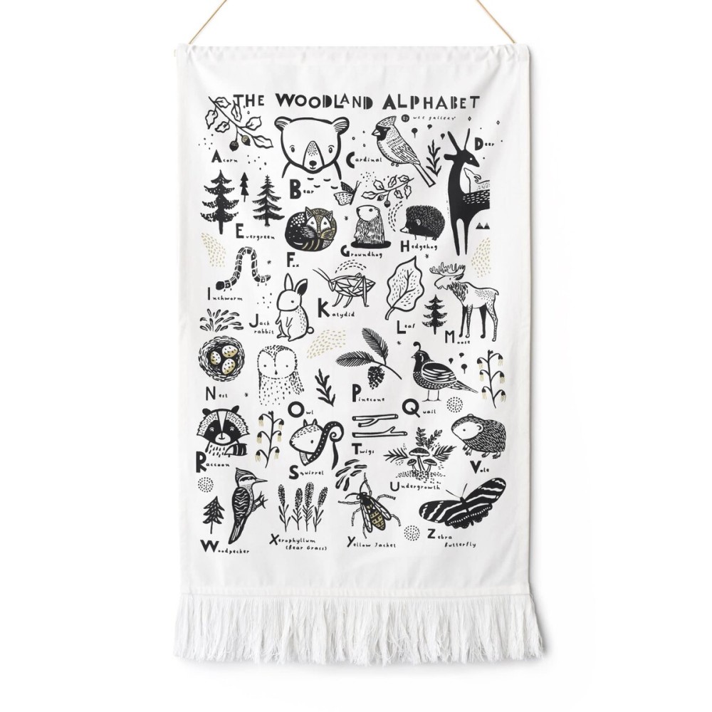 Wee Gallery Woodland Animal Alphabet Tapestry - Organic Cotton Fabric Wall Art Adds Texture and Style to Bedroom, Nursery, or Play Room Decor - Educational Gift for Baby and Kids