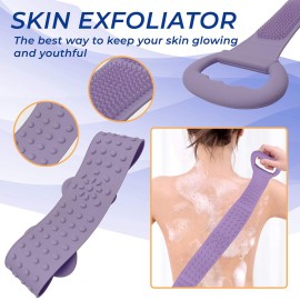Silicone Bath Body Brush - Extra Long Shower Exfoliating Body Scrubber for Adults & Kids - Foot Scrub & Skin Invigoration -31.5in Long - Includes Free Travel Accessory (Purple)