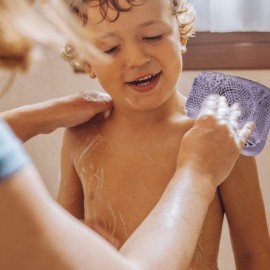 Silicone Bath Body Brush - Extra Long Shower Exfoliating Body Scrubber for Adults & Kids - Foot Scrub & Skin Invigoration -31.5in Long - Includes Free Travel Accessory (Purple)