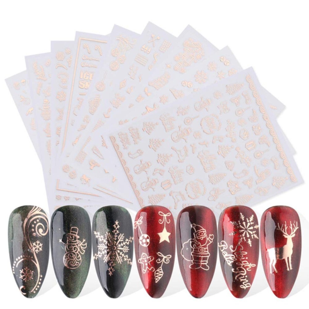 Christmas 3D Nail Art Stickers Laser Xmas Nail Decals Snowflake Elk Leaf Snowman Santa Tree Candy Winter Self Adhesive Nail Stickers New Year Charms Nail Supplies DIY Decorations 9 Sheets Rosegold