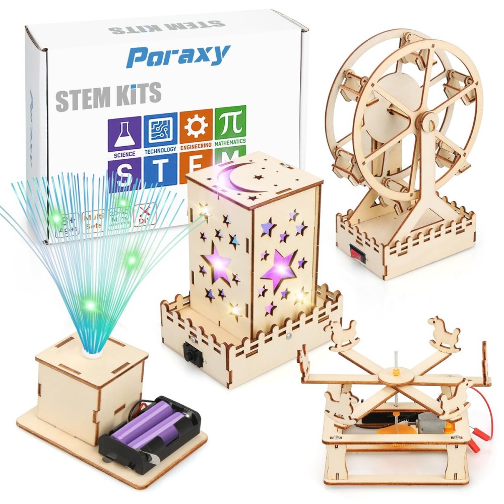 Poraxy 4 in 1 STEM Kits for Kids Age 8-10, Science STEM Projects for Kids 8-12, 3D Puzzles, Educational Craft Building Toys 8-13, Christmas Birthday Gifts for Girls Boys 6 7 8 9 10 11 12 13 Year Old