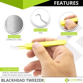 Blackhead Tweezer - Professional Curved Steel Tip Surgical Comedone & Splinter Extractor. Ideal Blemish & Acne Remover Tool Means Flawless Facial Skin (Yellow)