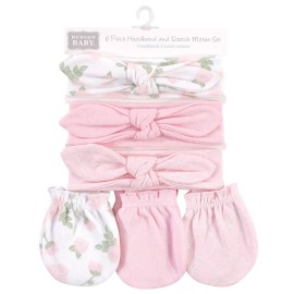 Hudson Baby Unisex Baby Cotton Headband and Scratch Mitten Set, Roses, 0-6 Month