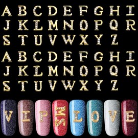 PAGOW Rhinetone Letters Nail Studs, 3D Capital Alphabet Metal Art Beauty Design Charm Trim DIY Manicure Jewelry Making Crafts Decoration for Women Girls Xmas52Pcs Gold