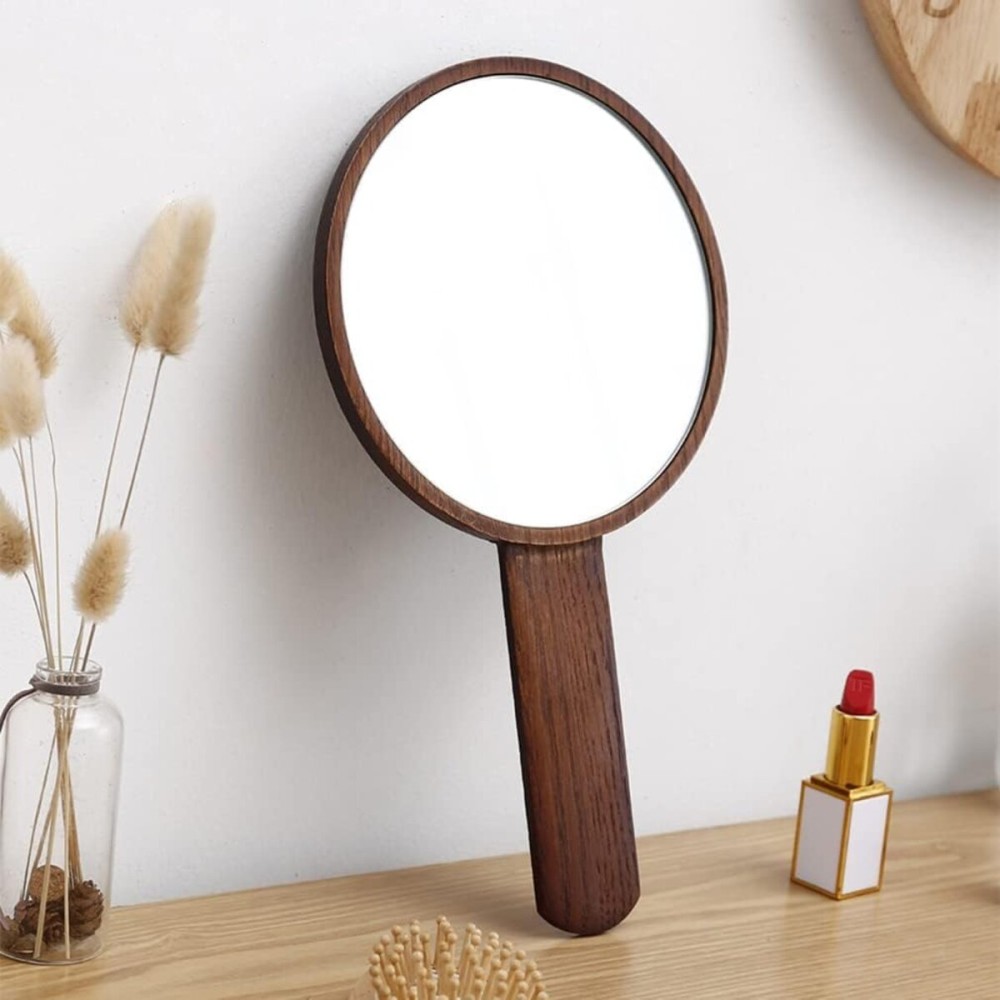 TOF&HAMY Handheld Mirror with Handle, Hand Held HD Mirror Wooden Frame, Salon Hairdresser Plain Mirror Retro Style, Cosmetic Salon Makeup Hand Mirror for Professional Barbers,A