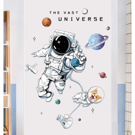 ROFARSO Astronaut Wall Stickers Planet Space Corgi Dog DIY Vinyl Removable Large Wall Decals Art Decorations Decor for Kids Boys Bedroom Living Room Playing Room Murals
