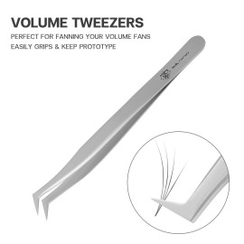 Pretty memory Volume Lash Tweezers, Stainless Steel Eyelash Extension Tweezers, Professional Precision Mega Curved Angled Tweezer, Silver