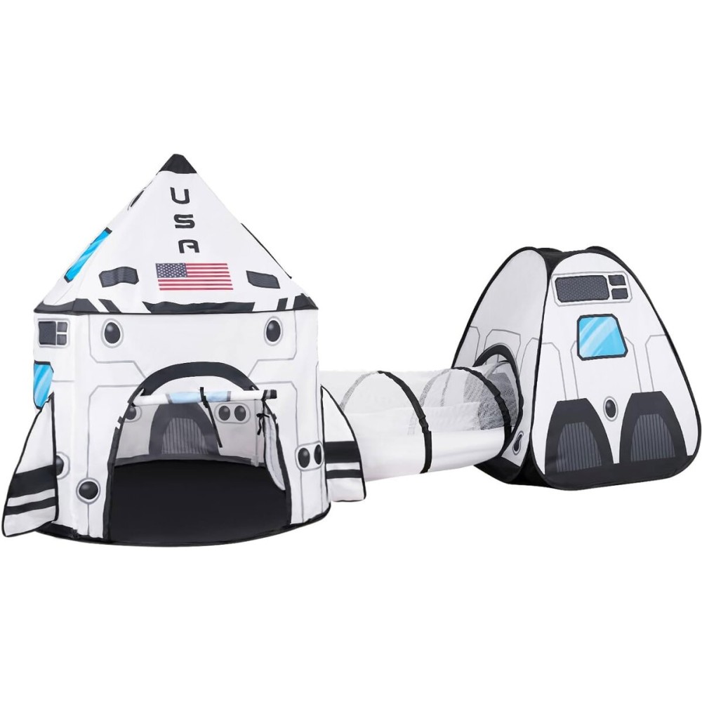 JOYIN White Rocket Ship Pop up Play Tent with Tunnel and Playhouse Kids Indoor Outdoor Spaceship Tent Set