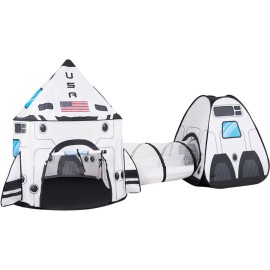 JOYIN White Rocket Ship Pop up Play Tent with Tunnel and Playhouse Kids Indoor Outdoor Spaceship Tent Set
