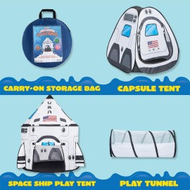 JOYIN White Rocket Ship Pop up Play Tent with Tunnel and Playhouse Kids Indoor Outdoor Spaceship Tent Set