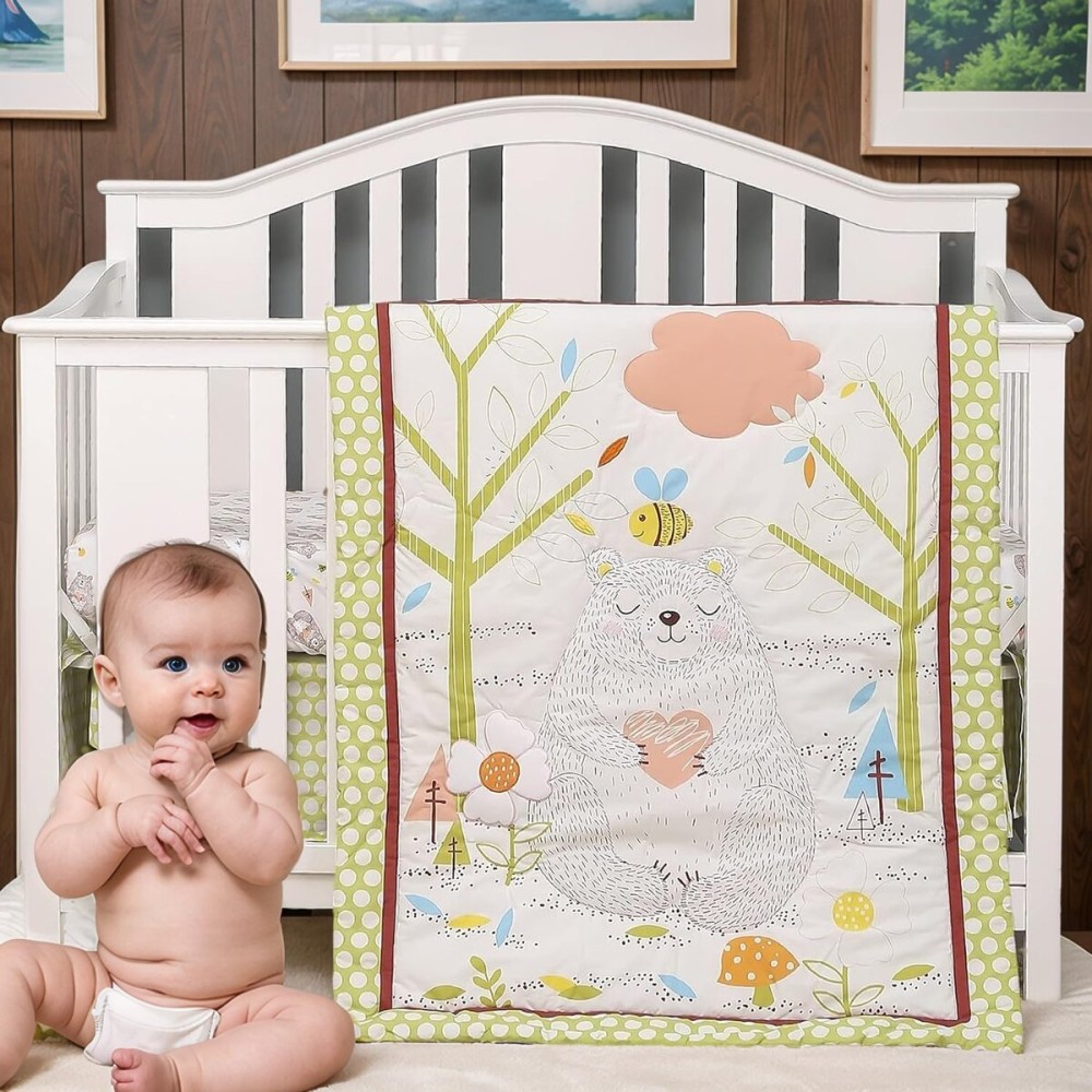 Brandream Bear Nursery Bedding Boys Woodland Animal Comforter Set Brown Baby Crib Sheet 3 Piece, Nursery Bedding Collection,100% Cotton