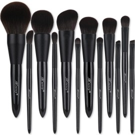 EVRCHGIEA Makeup Brush Sets, 12 PCS Wood Handle Soft Synthetic Fiber Hair Makeup Set,Premium Synthetic Foundation Blending Blush Concealer Eye Shadow Makeup Brush Set (black 12pcs)