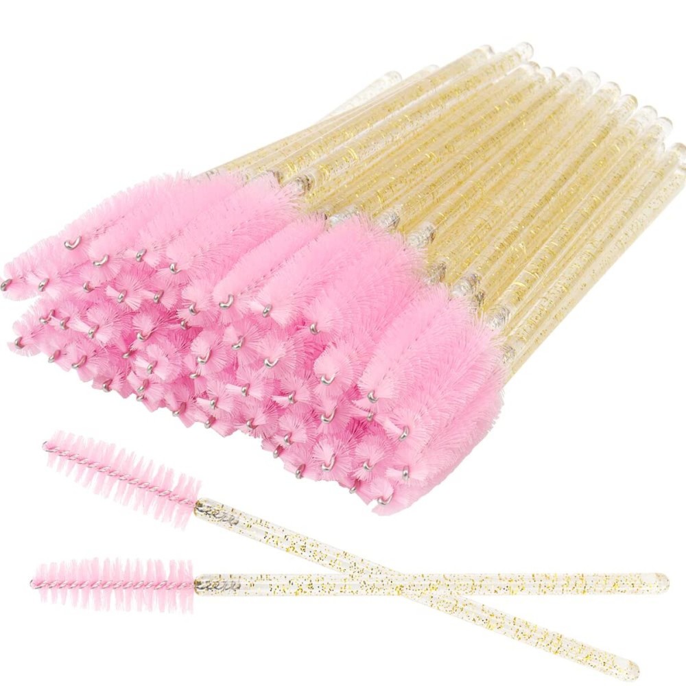 300 Pack Glitter Mascara Wands Disposable Eye Lash Brushes Spoolies Brush Makeup Applicator Eyelash Extension Tool Kit, Crystal Gold Handle Pink Brush Head