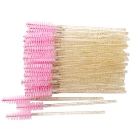 300 Pack Glitter Mascara Wands Disposable Eye Lash Brushes Spoolies Brush Makeup Applicator Eyelash Extension Tool Kit, Crystal Gold Handle Pink Brush Head