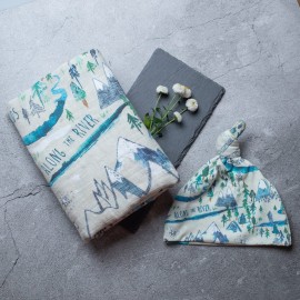 Miaoberry Mountain Baby Organic Muslin Swaddle Blankets for Baby Boy with Hat and Wooden Hello World Newborn Sign, Adventure Forest Theme, Newborn Photography Outfits Boy, Birth Announcement Sign