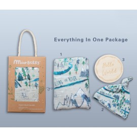 Miaoberry Mountain Baby Organic Muslin Swaddle Blankets for Baby Boy with Hat and Wooden Hello World Newborn Sign, Adventure Forest Theme, Newborn Photography Outfits Boy, Birth Announcement Sign