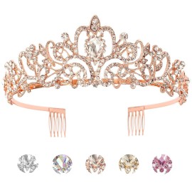 KICOSY Rose Gold Crystal Tiara Crown for Women and Girls - Princess Birthday Crown