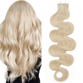 SEGO Wavy Tape in Hair Extensions 16 Inch 20pcs 50g Natural 100% Remy Human Hair Real Seamless Skin Weft Invisible Rooted Double Sided Tape Hair for Women-Platinum Blonde -Body Wave