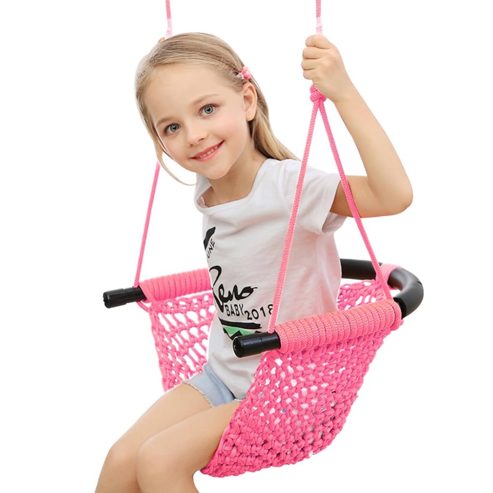 ROPECUBE Hand-Knitting Toddler Swing, Swing Seat for Kids with Adjustable Ropes, Little tikes Swings Set, for Outdoor Indoor, Playground, Backyard (Pink)
