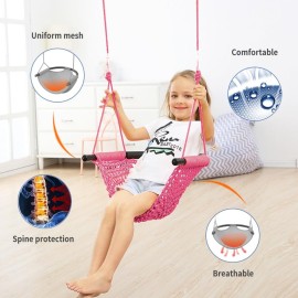 ROPECUBE Hand-Knitting Toddler Swing, Swing Seat for Kids with Adjustable Ropes, Little tikes Swings Set, for Outdoor Indoor, Playground, Backyard (Pink)