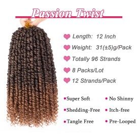 Leeven Short Passion Twist With Bohemian Hair 12 Inch 7 Packs Ombre Brown Pre-twisted Crochet Passion Twists Synthetic Braiding Hair Curly Ends Braids Twist Hair for Women 12 Roots/Pack T30