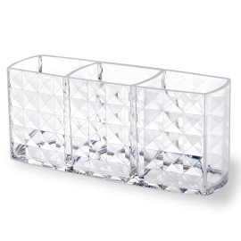 MOSIKER Makeup Brush Holder for Vanity,Acrylic Clear Small Compact Nail Hair Lip Liner Brush Pen Organizer with 3 Slots