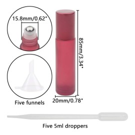 JIUWU 10ml 1/3 Oz Red Frosted Roller-on Bottles Refillable Stainless Steel Balls Essential Oil Vials Travel Beauty Perfume Sample Container Pack of 10 (5pcs Droppers Funnels, 1 Tool)