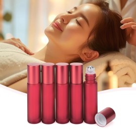 JIUWU 10ml 1/3 Oz Red Frosted Roller-on Bottles Refillable Stainless Steel Balls Essential Oil Vials Travel Beauty Perfume Sample Container Pack of 10 (5pcs Droppers Funnels, 1 Tool)
