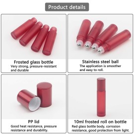JIUWU 10ml 1/3 Oz Red Frosted Roller-on Bottles Refillable Stainless Steel Balls Essential Oil Vials Travel Beauty Perfume Sample Container Pack of 10 (5pcs Droppers Funnels, 1 Tool)
