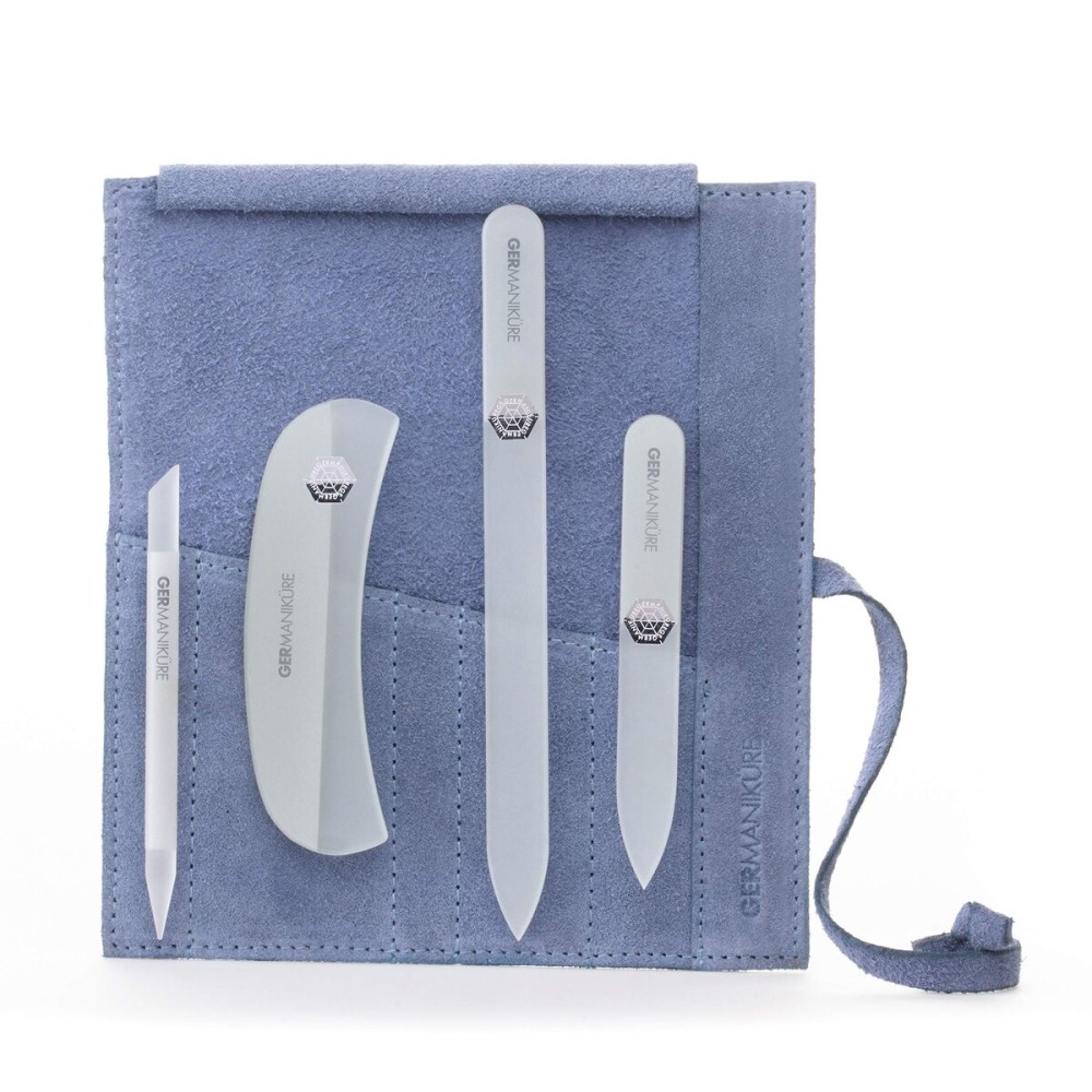 GERMANIKURE Gray Crystal Glass Nail File Set in Light Blue Suede Case - Handmade in Czech Republic - Professional Manicure & Pedicure Supplies - Glass Cuticle Stick, Pusher, Moon File