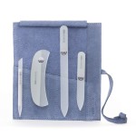 GERMANIKURE Gray Crystal Glass Nail File Set in Light Blue Suede Case - Handmade in Czech Republic - Professional Manicure & Pedicure Supplies - Glass Cuticle Stick, Pusher, Moon File