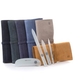 GERMANIKURE Gray Crystal Glass Nail File Set in Light Blue Suede Case - Handmade in Czech Republic - Professional Manicure & Pedicure Supplies - Glass Cuticle Stick, Pusher, Moon File