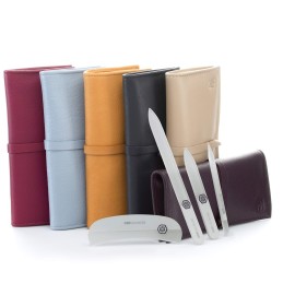 GERMANIKURE Gray Crystal Glass Nail File Set in Eggplant Purple Leather Case - Handmade in Czech Republic - Professional Manicure & Pedicure Supplies - Glass Cuticle Stick, Pusher, Moon File