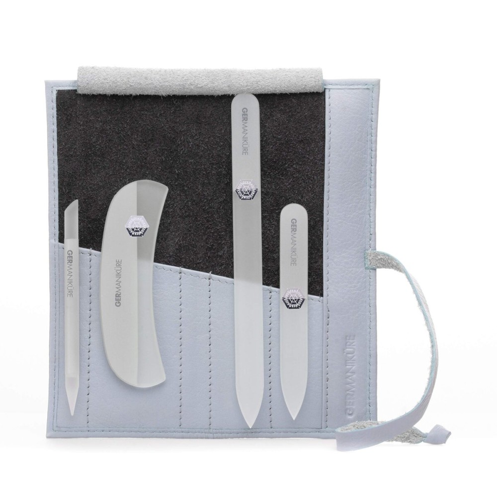 GERMANIKURE Crystal Glass Nail File Set in Light Blue Leather Case - Handmade in Czech Republic - Professional Manicure & Pedicure Supplies - Glass Cuticle Stick, Pusher, Moon File