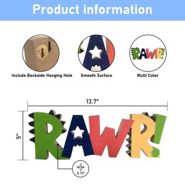 HnJOY Rawr Dinosaur Room Wood Decor for Boys - Kids Decorations for Bedroom - Boys Nursery Room Wooden Wall Decor, Birthday Decoration Dinosaur Theme - Freestanding Multicolor Tabletop 13.7