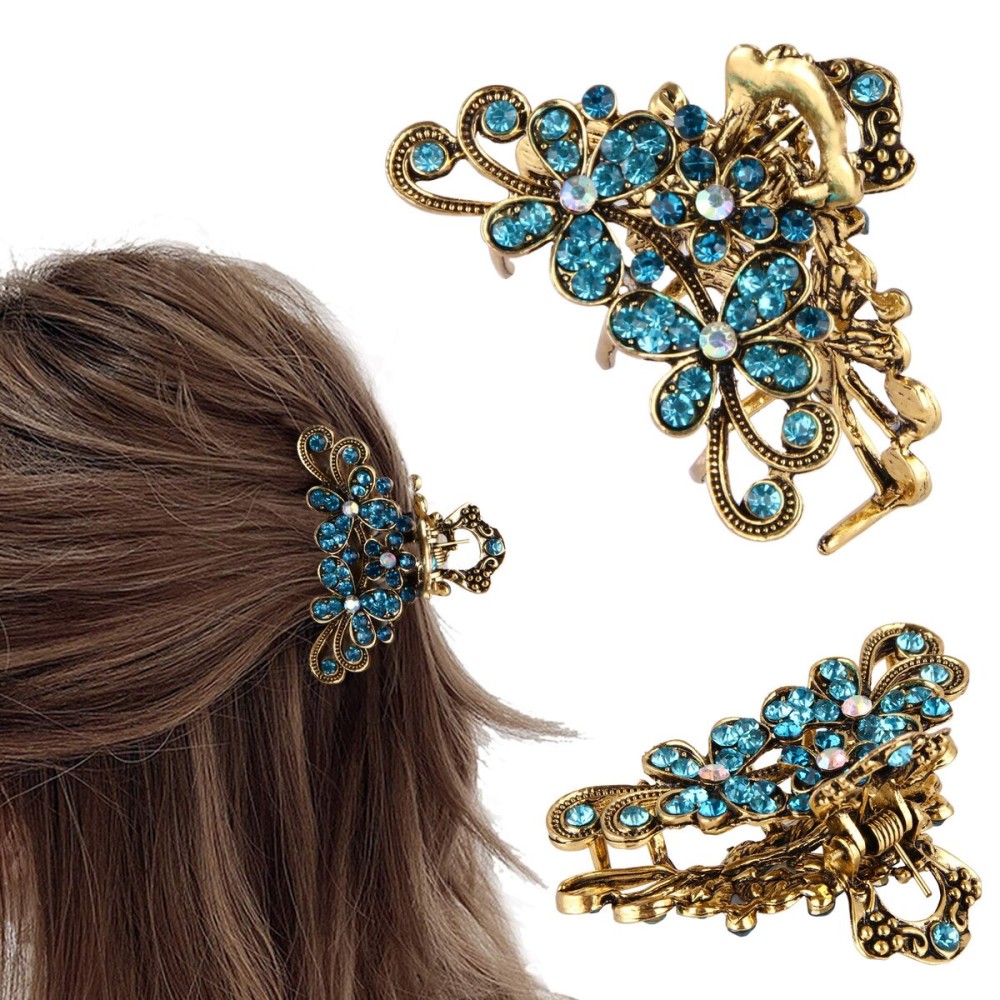 CROWN GUIDE Vintage Rhinestone Hair Claw Crystal Jaw Clips,Metal Alloy Fancy Hair Barrette Decorative Flowers Hair Clasps Accessories for Women Thick Hair Sky Blue