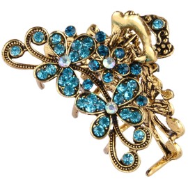 CROWN GUIDE Vintage Rhinestone Hair Claw Crystal Jaw Clips,Metal Alloy Fancy Hair Barrette Decorative Flowers Hair Clasps Accessories for Women Thick Hair Sky Blue
