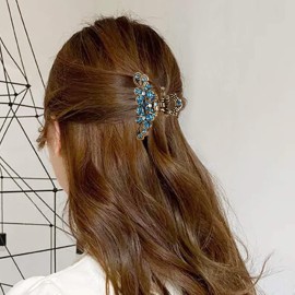 CROWN GUIDE Vintage Rhinestone Hair Claw Crystal Jaw Clips,Metal Alloy Fancy Hair Barrette Decorative Flowers Hair Clasps Accessories for Women Thick Hair Sky Blue