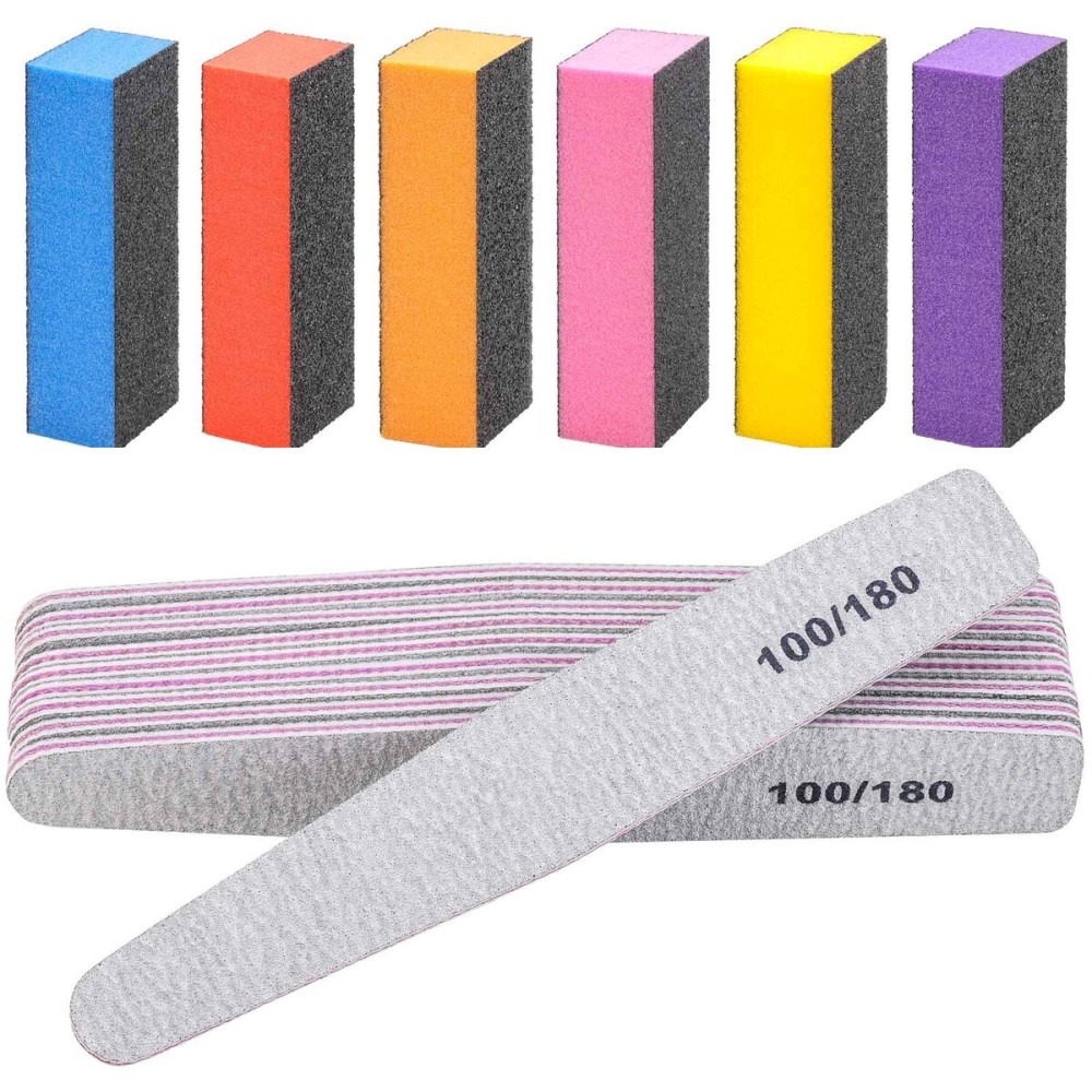 16pcs Nail Files Buffers Kit - 10pcs 100/180 Grit Sharp Nail File Emery Boards, 6pcs Rough Polishing Buffer for Nails Art Pedicure Manicure