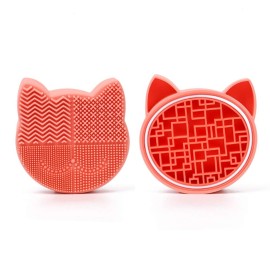 Silicon Makeup Brush Cleaner Mat with Drying Holder - Portable Cat Shaped Cosmetic Brush Cleaner Pad - New Orange