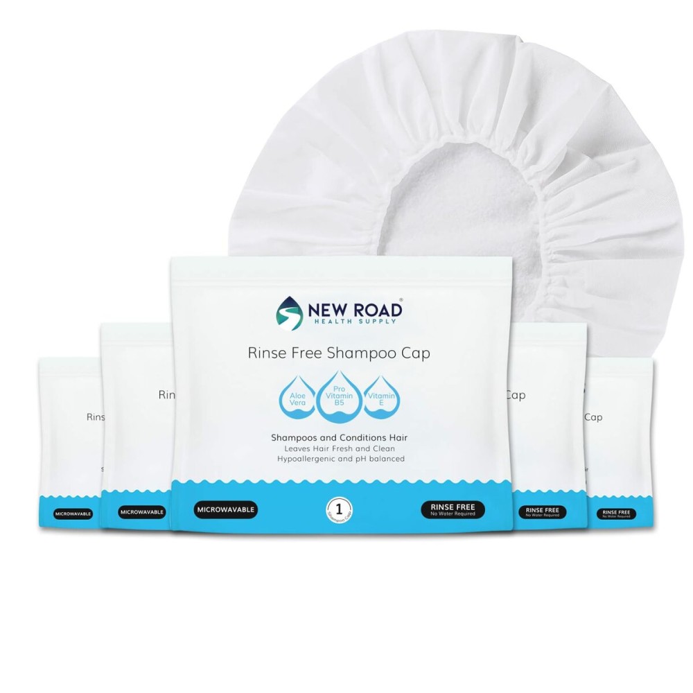 New Road Health Supply - Rinse Free Shampoo Cap, Shampoo and Condition Without Water, Shower Cap for Women and Men, PH Balanced and Hypoallergenic, for Camping Essentials, Elderly, 6-Pack