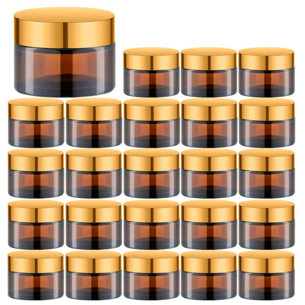 IRON BILL 1 Oz Amber Round Glass Jars with Inner Liners and Gold Lids(24PCS) Empty Cream Containers Refillable Cosmetic Vials for Cosmetics, Lotions, Ointment, Body Scrubs & Balms