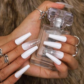 Gangel Coffin False Nails Sparkle Star Fake Nail Full Cover Pure White Fake Nails Long Ballerina Acrylic Press on Nails Party Christmas Gifts for Women and Girls 24Pcs