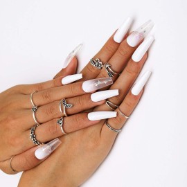 Gangel Coffin False Nails Sparkle Star Fake Nail Full Cover Pure White Fake Nails Long Ballerina Acrylic Press on Nails Party Christmas Gifts for Women and Girls 24Pcs