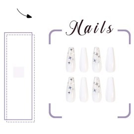Gangel Coffin False Nails Sparkle Star Fake Nail Full Cover Pure White Fake Nails Long Ballerina Acrylic Press on Nails Party Christmas Gifts for Women and Girls 24Pcs