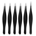 Honoson 6 Pieces Pointed Tweezers Ingrown Hair Precision Needle Point Tip Tweezers Stainless Steel for Nose Facial Hair Eyebrow Blackhead Remover(Black)