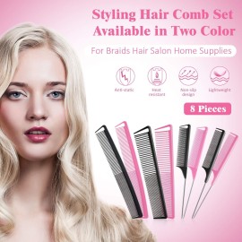 8 Pieces Fine Tooth Rat Tail Combs for Women Parting Carbon Fiber Teasing Styling and Cutting Comb Fiber Pintail Hairdressing Supplies for Braids Salon Home, Black and Pink 8 Pieces Fine Tooth Rat Tail Combs for Women Parting Carbon Fiber Teasing Styling and Cutting Comb Fiber Pintail Hairdressing Supplies for Braids Salon Home, Black and Pink